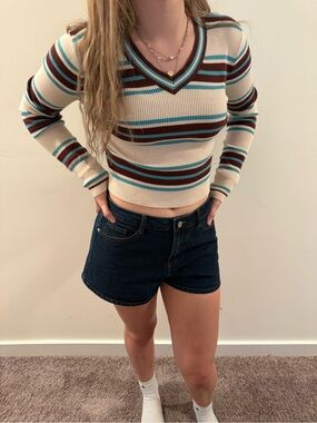 Cider Striped V‑Neck Ribbed Long Sleeve Top in Cream, Teal, and Brown